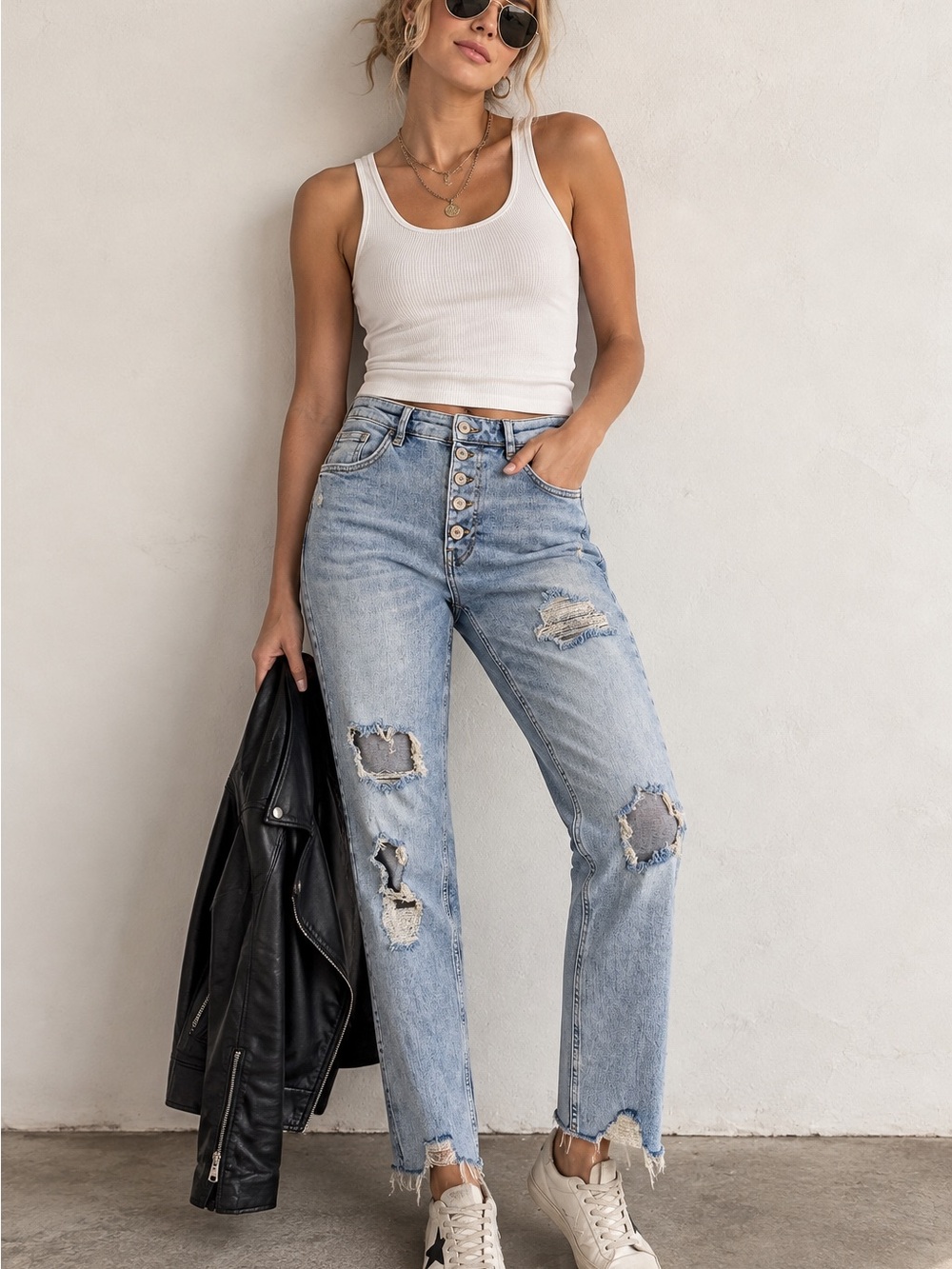 Free People Distressed High Rise Button Fly Skinny Jeans 29